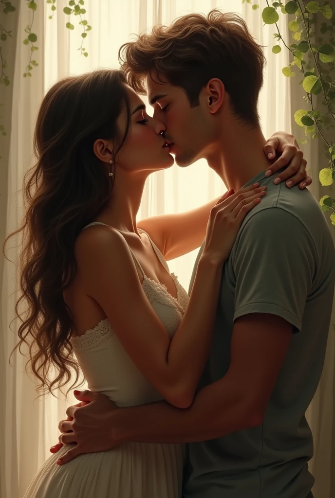 A nude girl kissing a boy