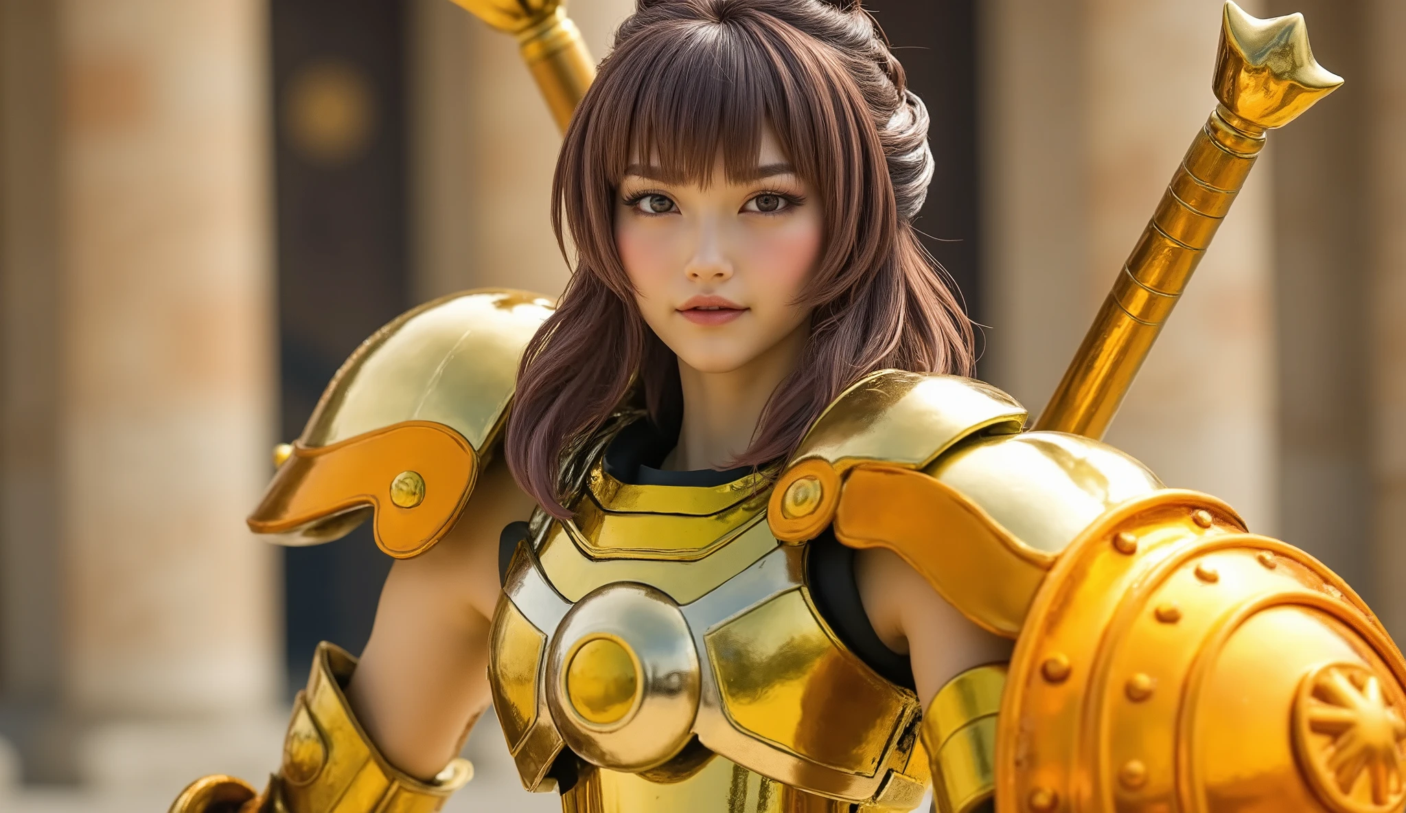 (8k, best quality , Masterpiece:1.2, very detailed),( cute Japanese woman ), (Wavy medium length hair), tea hair,Shining golden armor, Greek temple background , (( full body shot)) ,( Very Realistic ),( live action ),(Battle Stance Poses)