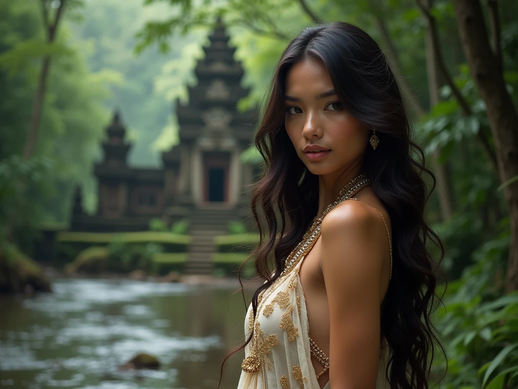 a very beautiful face Thai female villager. She has long, flowing black hair.  The background features natural big waterfall with intricate details, slightly blurred to give a sense of distance and time. sexy, naked