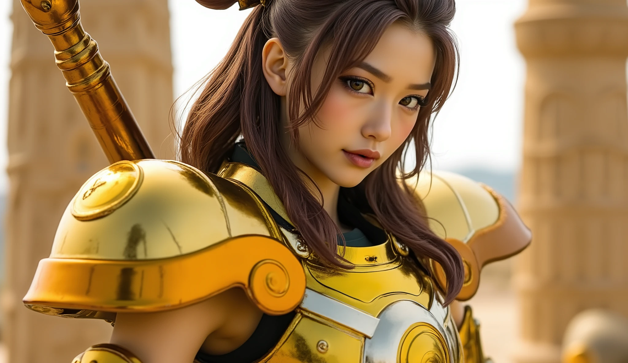 (8k, best quality , Masterpiece:1.2, very detailed),( beautiful Japanese woman holding a panty ), (Wavy medium length hair), tea hair,Shining golden armor, Greek temple background , (( full body shot)) ,( Very Realistic ),( live action ),(Battle Stance Poses)
