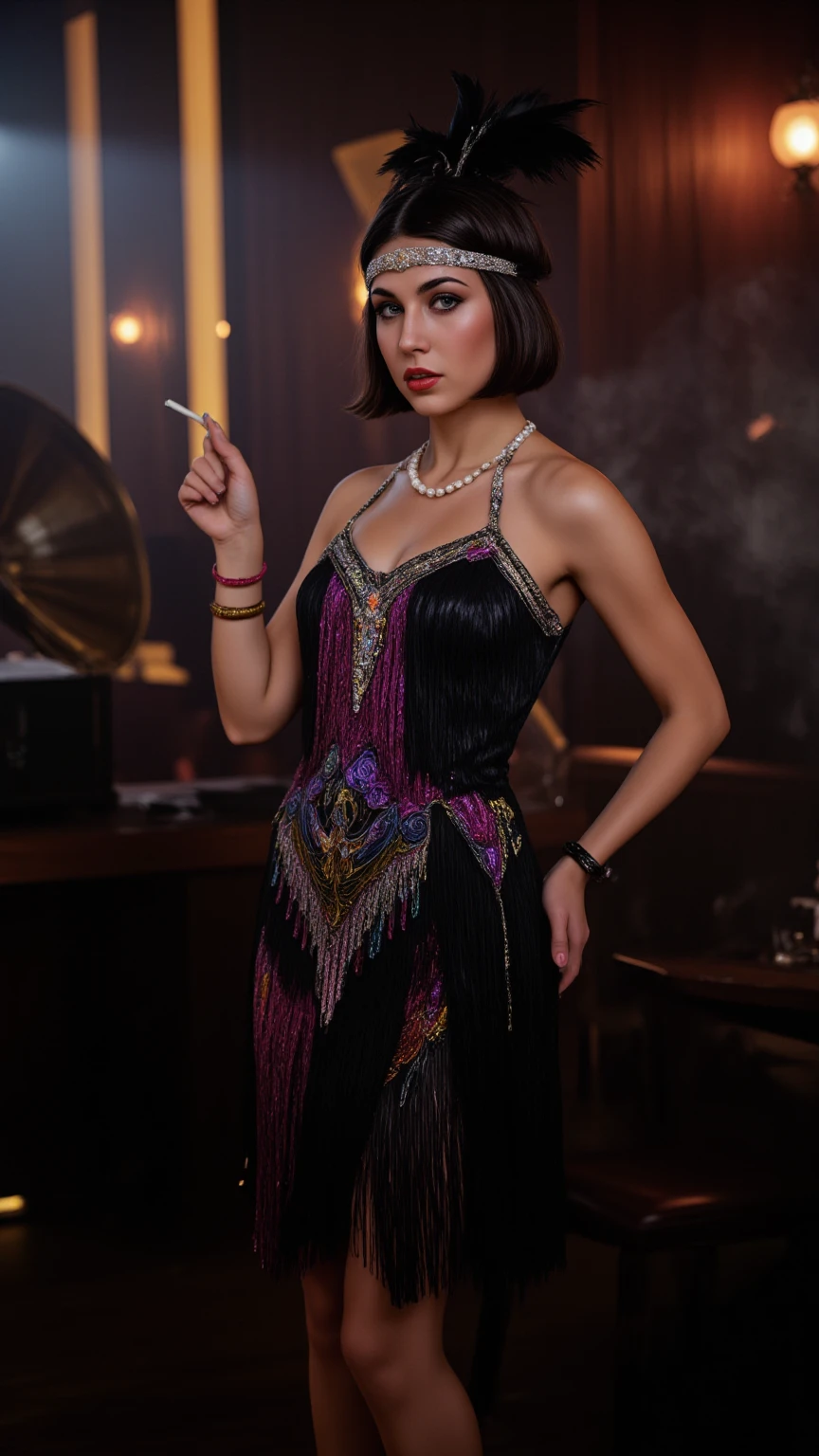 Imagine a captivating speakeasy, enveloped in a soft, smoky haze, where the air is alive with the gentle notes of jazz music. The atmosphere is enchanting, bathed in dim light that dances across the room, creating an aura of mystery and allure.

In the center of this magical scene stands a young woman embodying the spirit of the roaring twenties. She wears a modest yet elegant 1920s-inspired dress, featuring a classic drop-waist silhouette adorned with layers of shimmering fringes in deep jewel tones like emerald and sapphire. Intricate beadwork weaves swirling art deco patterns across the fabric, exuding an air of sophistication.

A sheer, delicate shawl drapes lightly over her shoulders, adding a touch of grace. Her hair is styled in a sleek bob, beautifully complemented by a bejeweled headband embellished with feathers and sparkling gems that capture the light. Her makeup is bold and dramatic, with smoky eyes and deep red lips, reflecting the rebellious yet refined essence of flapper style.

Accessorizing her look, she wears long pearl necklaces and multiple bangle bracelets, along with a classic cigarette holder that adds layers of elegance and defiance. The backdrop is rich with period-appropriate props, such as a vintage gramophone and art deco motifs, enriching the scene with historical charm.

The overall composition radiates nostalgia and opulence, perfectly capturing the essence of the 1920s fashion revolution in a dreamy, fantastical setting. The model poses dynamically, her adorable face framed by iridescent eyes, showcasing her hourglass figure and exuding both charm and confidence. The lighting is perfect, creating a boudoir-like ambiance that enhances the allure of this captivating moment.
