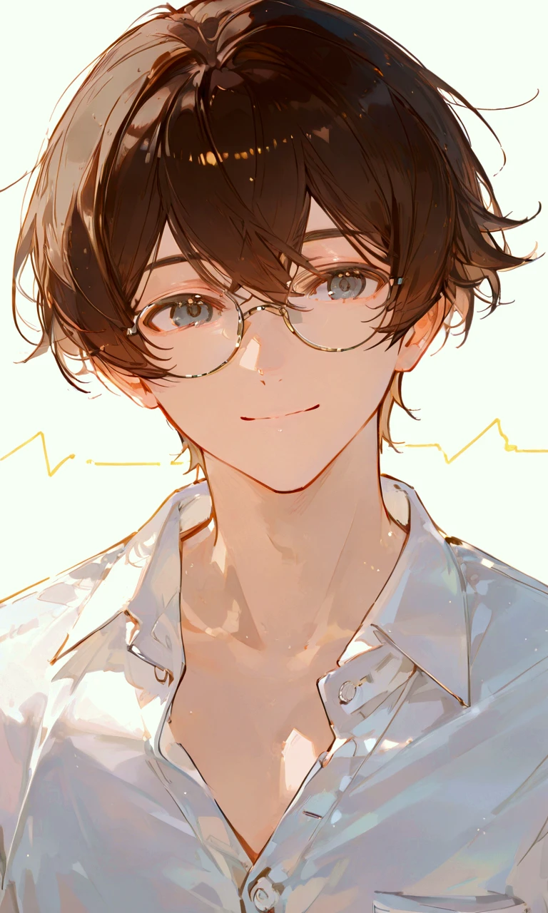 super detail, 1 man, handsome man, Delicate line drawing, white buttoned shirt, brown hair, shortcuts , smile, wearing oval glasses with a lightweight plastic frame, gray eyes, white background.