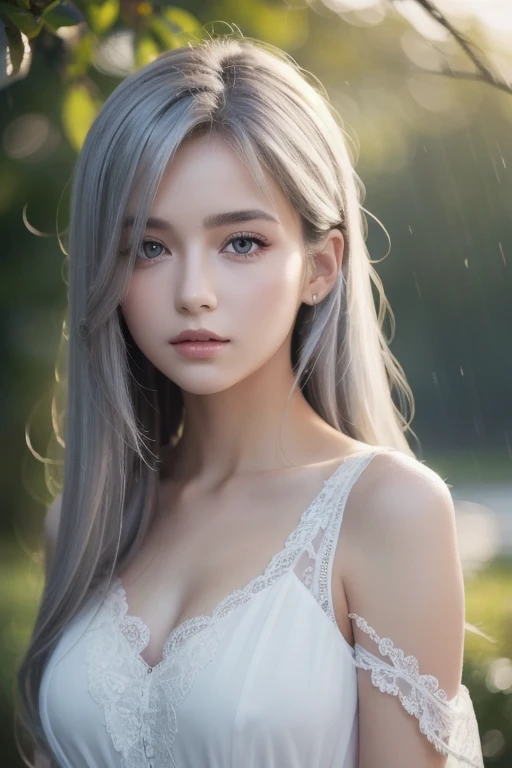 Masterpiece,  best quality ,  VERY DETAILED,   cinematic lightning  ,  intricate detail ,  High Resolution ,  Official Art,  Beautiful Faces and Eyes with Fine Details,   High Resolution イラスト, 8k,  depth of field, Bokeh, Alone,  1 girl,  Girl with gray hair and red eyes  , Long white hair, Beautiful red eyes,  beautiful scenery, Rainy Town,  upper body,  Look at the Viewer ,  close