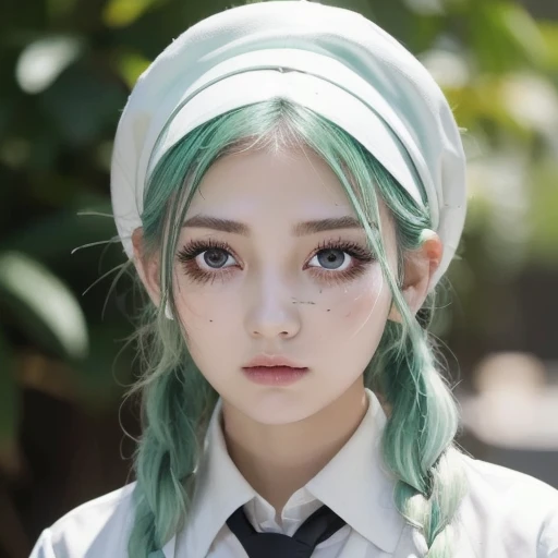  1 girl, ( dark circles under eyes:1.5),  mint green hair, twin_ braided ,  White Berets ,  white shirt, Floral tie