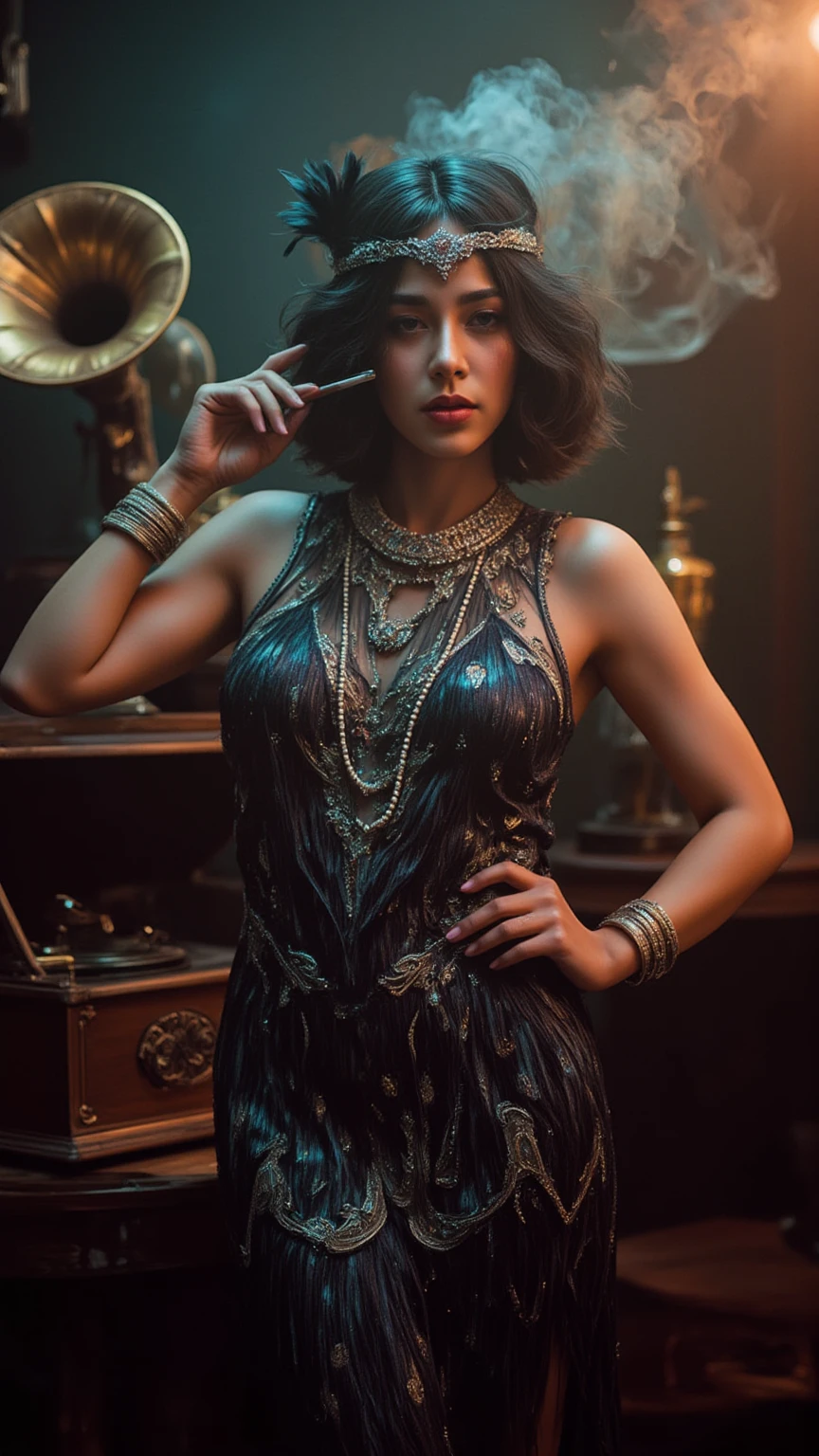 Imagine a captivating speakeasy, enveloped in a soft, smoky haze, where the air is alive with the gentle notes of jazz music. The atmosphere is enchanting, bathed in dim light that dances across the room, creating an aura of mystery and allure.

In the center of this magical scene stands a young woman embodying the spirit of the roaring twenties. She wears a modest yet elegant 1920s-inspired dress, featuring a classic drop-waist silhouette adorned with layers of shimmering fringes in deep jewel tones like emerald and sapphire. Intricate beadwork weaves swirling art deco patterns across the fabric, exuding an air of sophistication.

A sheer, delicate shawl drapes lightly over her shoulders, adding a touch of grace. Her hair is styled in a sleek bob, beautifully complemented by a bejeweled headband embellished with feathers and sparkling gems that capture the light. Her makeup is bold and dramatic, with smoky eyes and deep red lips, reflecting the rebellious yet refined essence of flapper style.

Accessorizing her look, she wears long pearl necklaces and multiple bangle bracelets, along with a classic cigarette holder that adds layers of elegance and defiance. The backdrop is rich with period-appropriate props, such as a vintage gramophone and art deco motifs, enriching the scene with historical charm.

The overall composition radiates nostalgia and opulence, perfectly capturing the essence of the 1920s fashion revolution in a dreamy, fantastical setting. The model poses dynamically, her adorable face framed by iridescent eyes, showcasing her hourglass figure and exuding both charm and confidence. The lighting is perfect, creating a boudoir-like ambiance that enhances the allure of this captivating moment.
