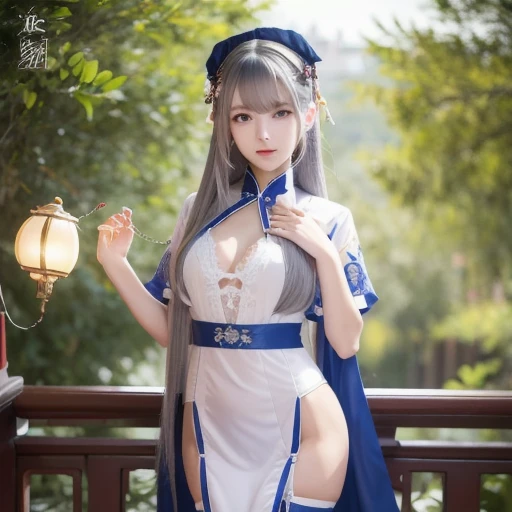 Masterpiece,  best quality ,  1 girl,  Glorious  (The brilliance of the maiden lily) ( Azur Lane), Gray Hair,   touch very long hair , blue eyes,  hair ornament, chest,  Cleevidge ,  china dress in hin, Chinese clothes,  Official Alternative Costumes,  white knee-high ,  garter belt,  Short Sleeve,  Chinese commentary,  lantern,