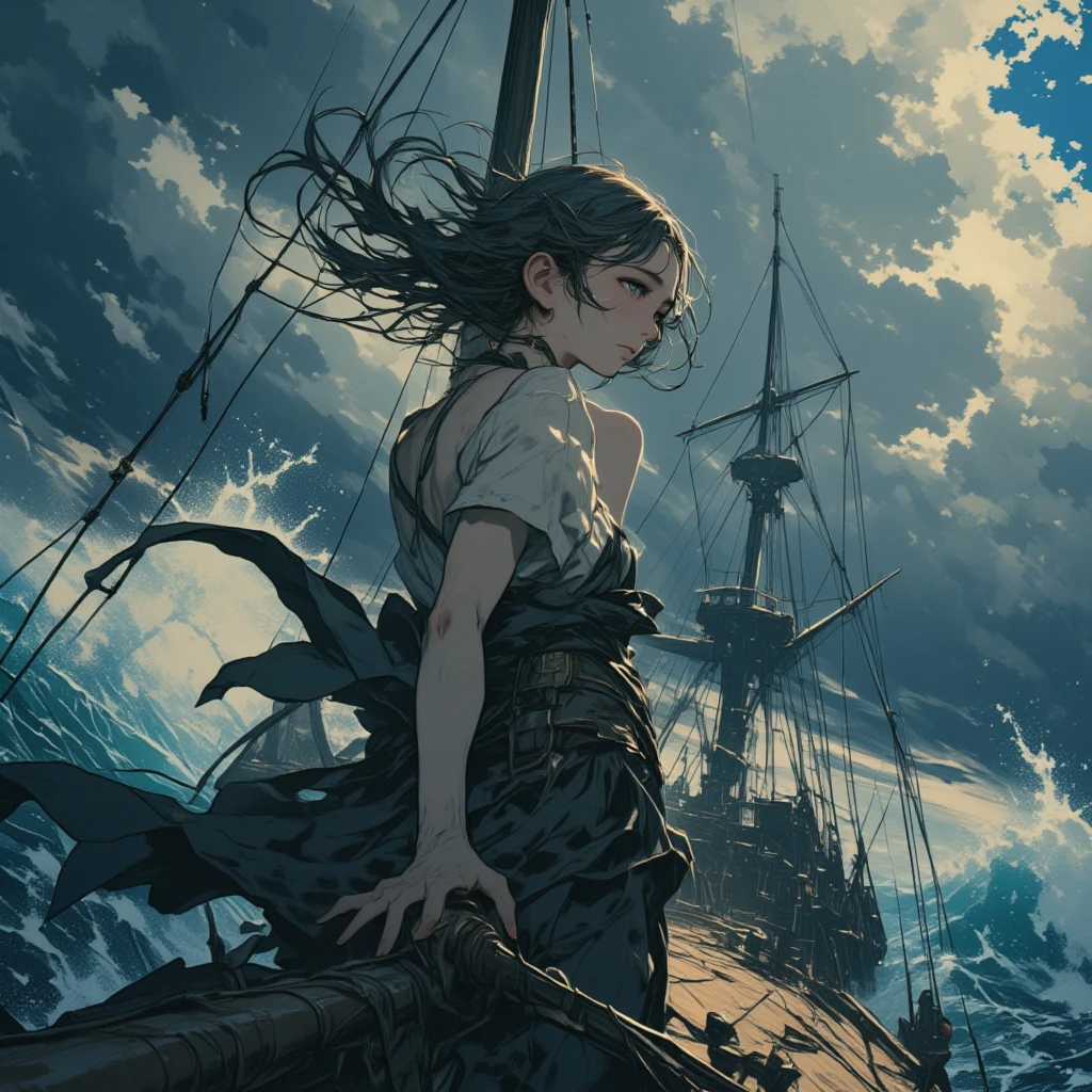 gorgeous young girl, back view, hair blowing in the wind, is hanging on top of the main mast of a Victorian era warship, the ship is sailing in rough seas and stormy skies BREAK/the girl sees the horizonmasterpiece, best quality, lighting, fast shutter speed, very realistic hands, anatomically accurate representation, Unique, 8k, implies absurd,  attractions, (highly detailed説明), (Cute look like a professional ), (vivid colors), (portrait), (soft lighting), (high resolution)