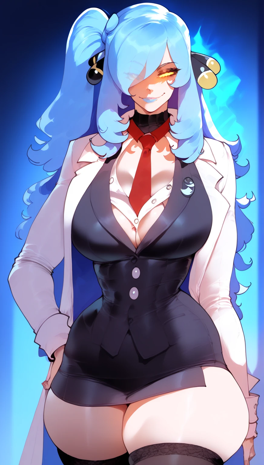 1 girl, cynthia_(pokemon), angela, yellow eyes, luminous yellow eyes, blue hair, parted bangs, long hair, one side up, black vest, tie, shirt, breasts, white shirt, vest, red tie, lab coat, black stockings, collared shirt, long sleeves, standing, smirk , big chest, big thighs, shadow on face by eyes, shadow on face by eyes, shadow on face by eyes, shadow on face, tight clothes, glowing eyes in the dark, dark room background, blue lips,