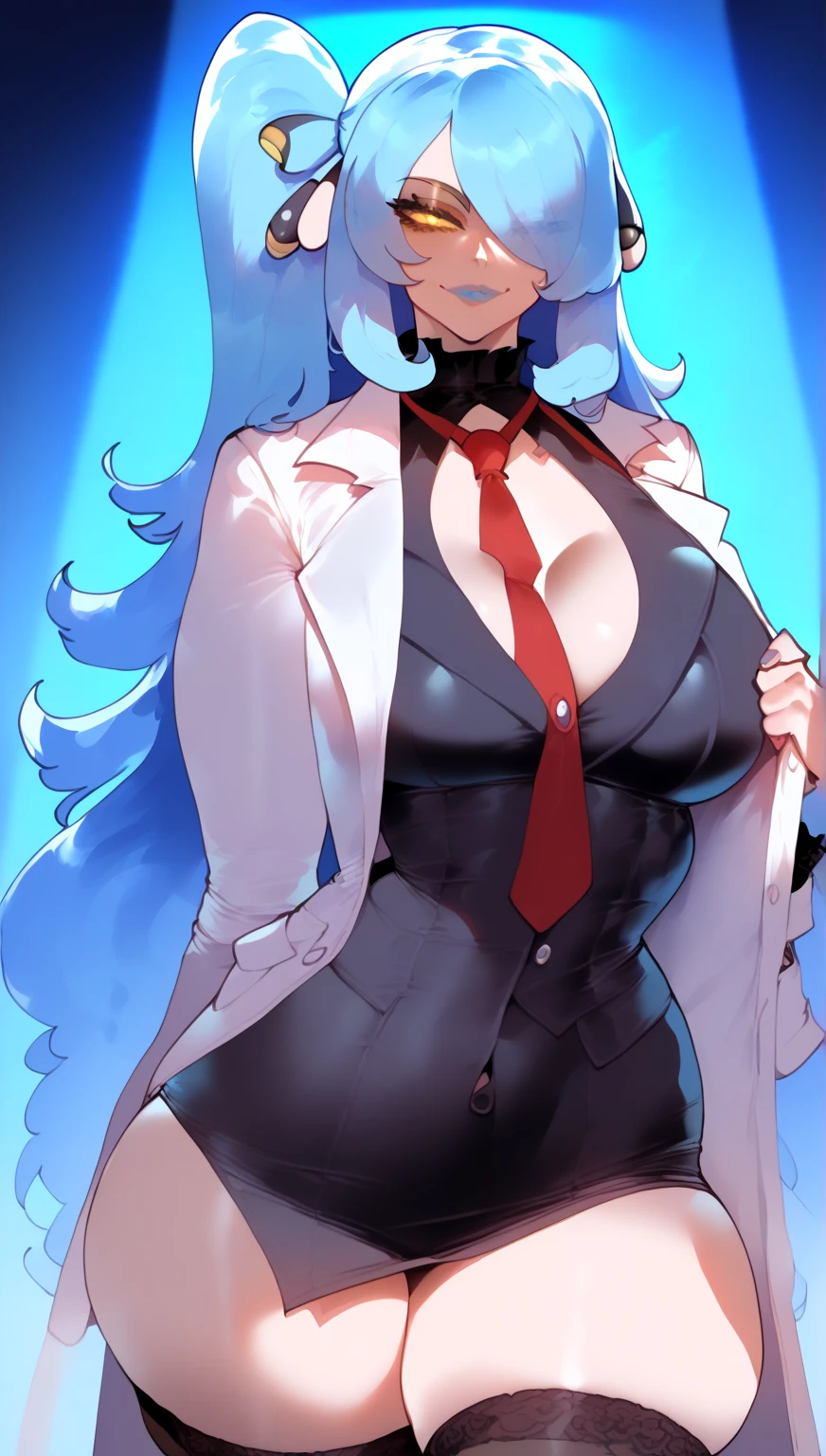 1 girl, cynthia_(pokemon), angela, yellow eyes, luminous yellow eyes, blue hair, parted bangs, long hair, one side up, black vest, tie, shirt, breasts, white shirt, vest, red tie, lab coat, black stockings, collared shirt, long sleeves, standing, smirk , big chest, big thighs, shadow on face by eyes, shadow on face by eyes, shadow on face by eyes, shadow on face, tight clothes, glowing eyes in the dark, dark room background, blue lips,