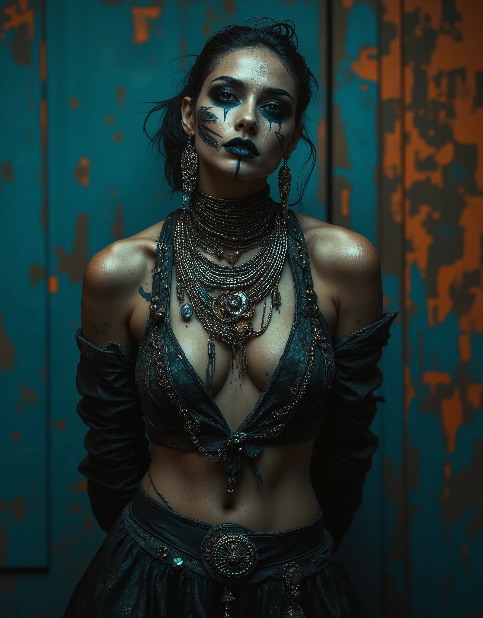 Avant-garde model with eclectic jewelry and facepaint, posed in a bold, half-turn stance with hands confidently clasped behind her back, exuding defiance and provocation. Her edgy, avant-garde attire is fully adorned with intricate accessories, accentuating her striking features. The model stands against a richly detailed, cinematic background that amplifies the gloomy ambiance, with distressed textures and mysterious shadows. The color palette is predominantly cool blue and orange, with bold contrasts and subtle nuances. Inspired by the dramatic, high-fashion photography of Miles Aldridge, Peter Kemp, and Mark Seliger, the image features impeccable composition, dynamic energy, and ultra-clear, sexy, dramatic lighting, capturing the model's essence with unflinching intensity.