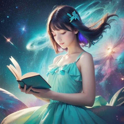 ( best quality , Masterpiece),  1 girl,  reading a book, particle, wind, flower,  upper body,   simple background,  Look at the Viewer ,  iridescent hair, turquoise short floating dress, Space, nebula, galaxy