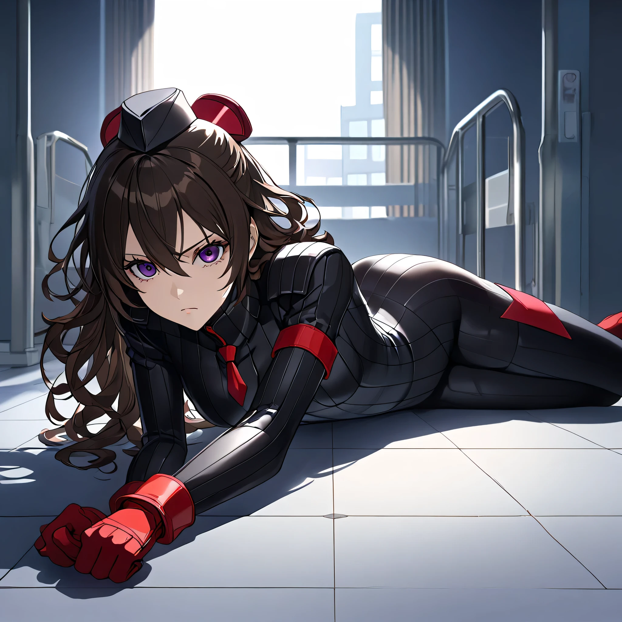 anime, (masterpiece), (best quality), (ultra-detailed), (best illustration), (best shadow), (absurdres), (detailed background), (very aesthetic), shiny, detailed beautiful eyes, outstanding, countershading, detailed soft lighting, an exquisite animation illustration, 1girl, solo, anheang, Dollsuit, thighthigh, dark persona, empty eyes, expressionless, blank eyes, looking at viewer, red gloves, full body, emotionless, Fighting Stance, hair ornament, AMEKU_TWO, black hair, brown hair, long hair, hair between eyes, wavy hair, KJOtakao, dark purple eyes, hospital background, hospital, seductive pose, lying down on floor, lying down on back