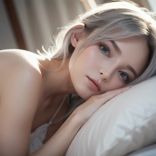 Masterpiece,  top quality ,  more details, 8k, Detailed light, Detailed Shadows, born, ( detailed skin), (Genuine: 1.2),, 1. Scandinavian Girl, face, (), Gray Hair, Sleep in a comfortable bed,  Nightdress