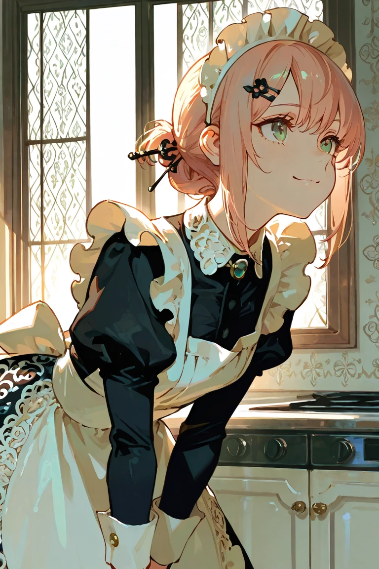  masterpiece,  Best Quality, Anatomical correction, highly detailed background , Character Focus,   dramatic lighting ,1 Girl,  Elegant Maid Outfit ,  Delicate Patterned Outfit ,Hairpin, Look at me,  Lean forward , Kitchen Area ,  bright smile , Soft light in the window , Light shadow