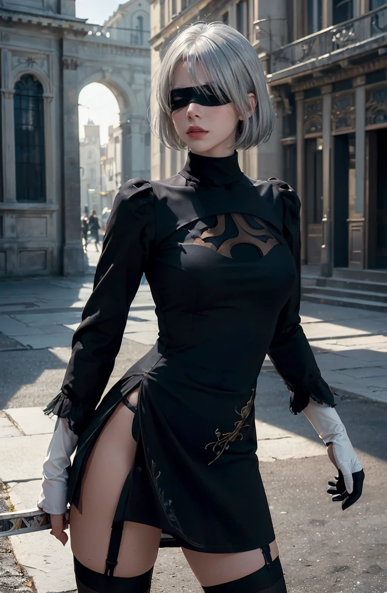 2B Nier Automata,Bobcut, Gray Hair,Long sleeve, Juliet Sleeve, White gloves, turtleneck, bangs, Feather ornament, Feather ornament sleeves, Blindfold, Black Goth Dress,Japanese Ultra HD,super high quality,masterpiece,Digital SLR,Photorealistic,Detailed details,Vivid details,Depicted in detail,A detailed face,Detailed details,Super Detail,Realistic skin texture,Anatomical basis,Perfect ???????,Anatomically correct hand,Anatomically correct fingers,Complex 3D rendering,Sexy pose,Rainy Sky,Beautiful scenery,Fantastic rainy sky,Fantasy worldview,Picturesque,Pink Lips,Black butterfly々Fluttering,