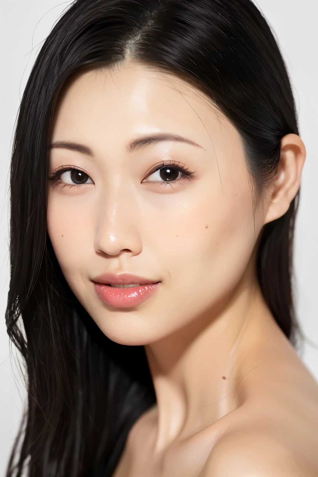 (  table top、  top quality  、8k、Award-winning works、 Ultra-fine)、  one woman、 beautiful and cute mature woman、( face close-up :1.3)、  Perfect Beautiful Face  、(  pure white background :1.1)、(  nudes:1.5)、 glossy lips、( plump body:1.1)