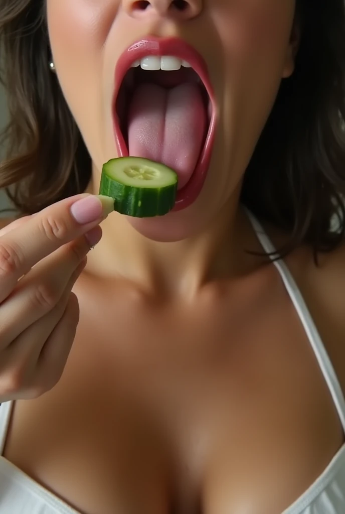 That attractive, shy, meaty and young woman putting the whole thick cucumber in her mouth, salivating too much, the cucumber fills his whole mouth, with that string underwear, black pantyhose, Garter stockings, lace pantyhose, fleshy bust, bare thighs, meaty thighs, very short skirt, shy, on your knees looking up, very blushing, innocent face, Oval face, bushy eyebrows, brown wavy hair, Someone has their hand on her head, she is sad., has semen on his face, much saliva, bathed in her saliva,
