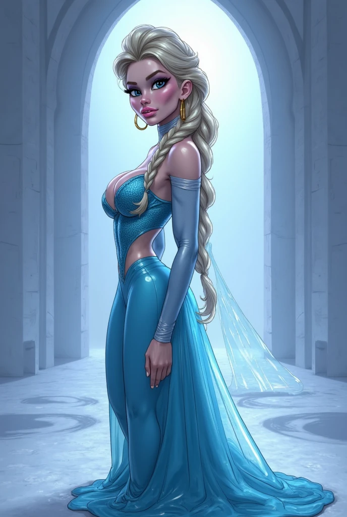 <lora:Elsa_character:0.4>,disney,elsawaifu,1girl,solo,long blonde hair in a single braid,blonde hair over shoulder,bare shoulders BREAK skimpy light blue dress,deep plunging neckline,light blue cape,breasts exposed,exposed cleavage,revealing cleavage BREAK looking at viewer seductively,full body shot,(cowboy shot:1.5),flirty smile,snowy background,ice castle background,(high quality, masterpiece,photorealistic:1.2),