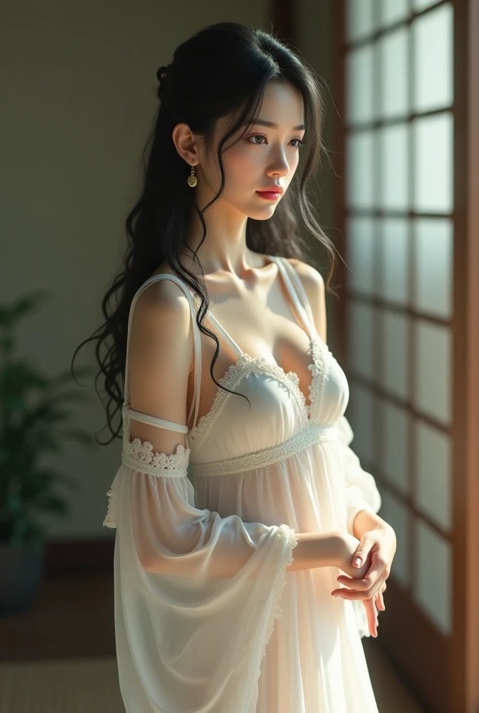 offcial art，Unity 8k壁纸，ultra - detailed，aesthetically pleasing，Beautie，tmasterpiece，best qualtiy，(Ultra-realistic skin texture)，Full body photo，
downy， Atmospheric acid salts， Warm， romanticism lain， Blissful， literary， Artistically， Fashionab， Victorian Age， decoration， Convoluted， Ironwork， White Lace Chemise，weddingdress，Light thread， Contemplative， emotive depth， supernatural，ssmile，Bigchest，Cyberpunk