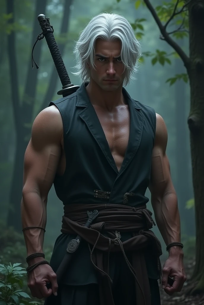A muscular boy with spiky grey hair, a headband with a cow symbol on it, and a rusty sword