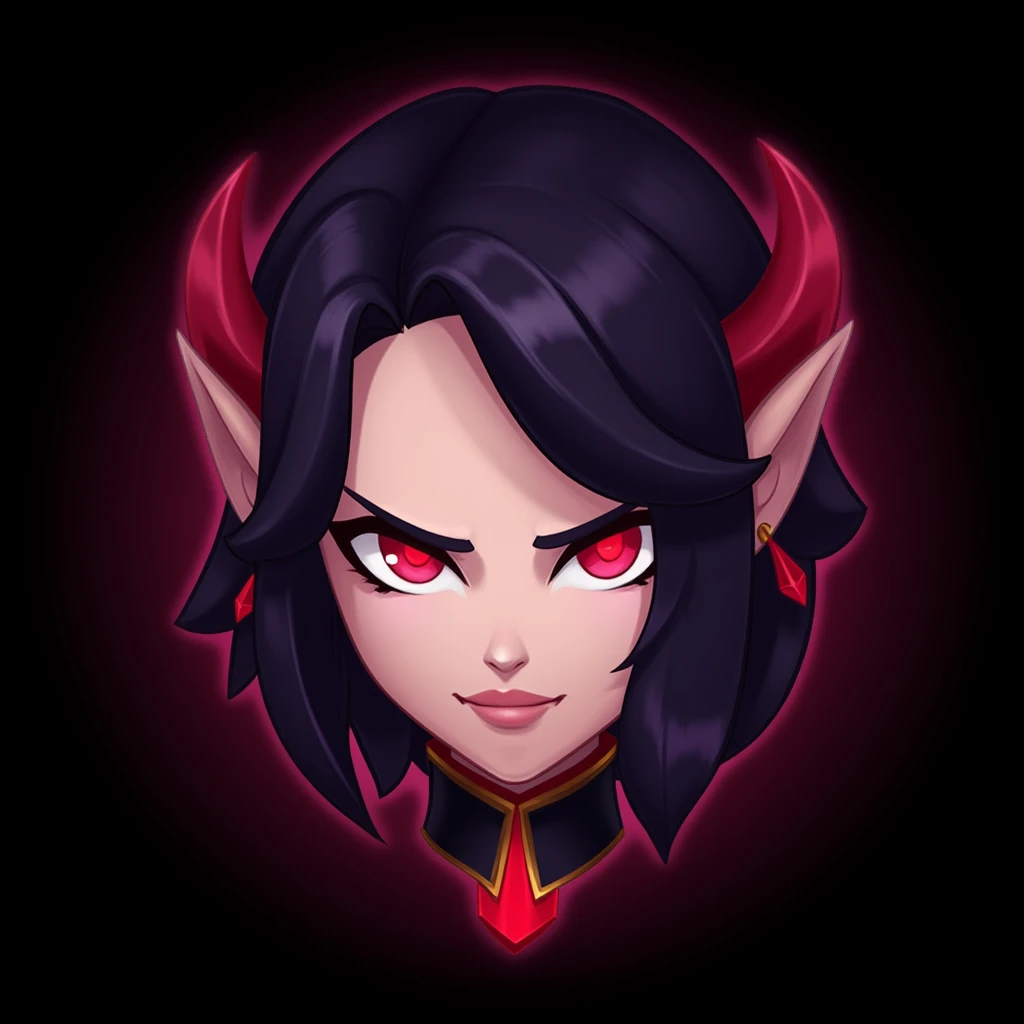 Emotelol  , 
 focus on the face,  Chiby devil , funny,  black hair, Serious, Radiant, captivating, trusting,  awesome , vibrant, charming, majestoso,  stylish neckline
symmetric ,   cartoon emote style images ,  detailed,  league of legends, External shine,  black background, five 
