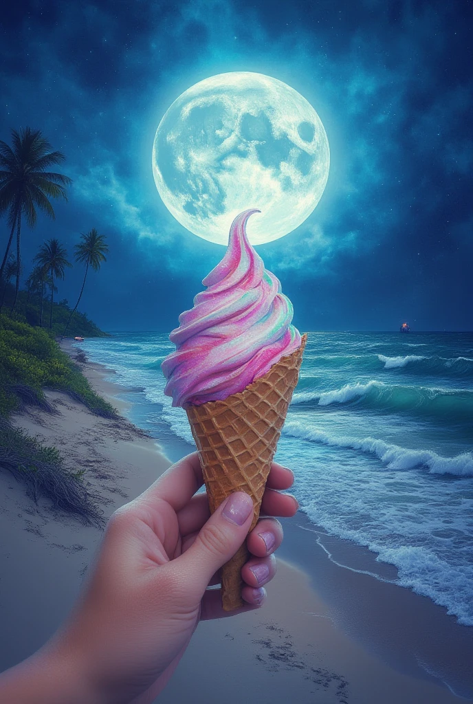 Capture the sweet moment on a full moon night, as someone's hand holds an ice cream cone, the colorful treats glistening in the moonlight, against the backdrop of a blue night sky, with the lights of fishing boats in the endless sea stretching to the horizon, and the long sand dunes following the crashing waves. The slightly tanned and slightly freckled hand gently holds the ice cream cone, as if savoring the flavor of .