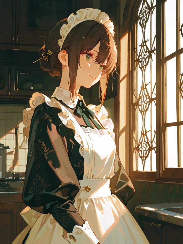  masterpiece,  Best Quality, Anatomical correction, highly detailed background , Character Focus,   dramatic lighting ,1 Girl,  Elegant Maid Outfit ,  Delicate Patterned Outfit ,Hairpin, front, Kitchen Area ,  bright smile , Soft light in the window , Light shadow