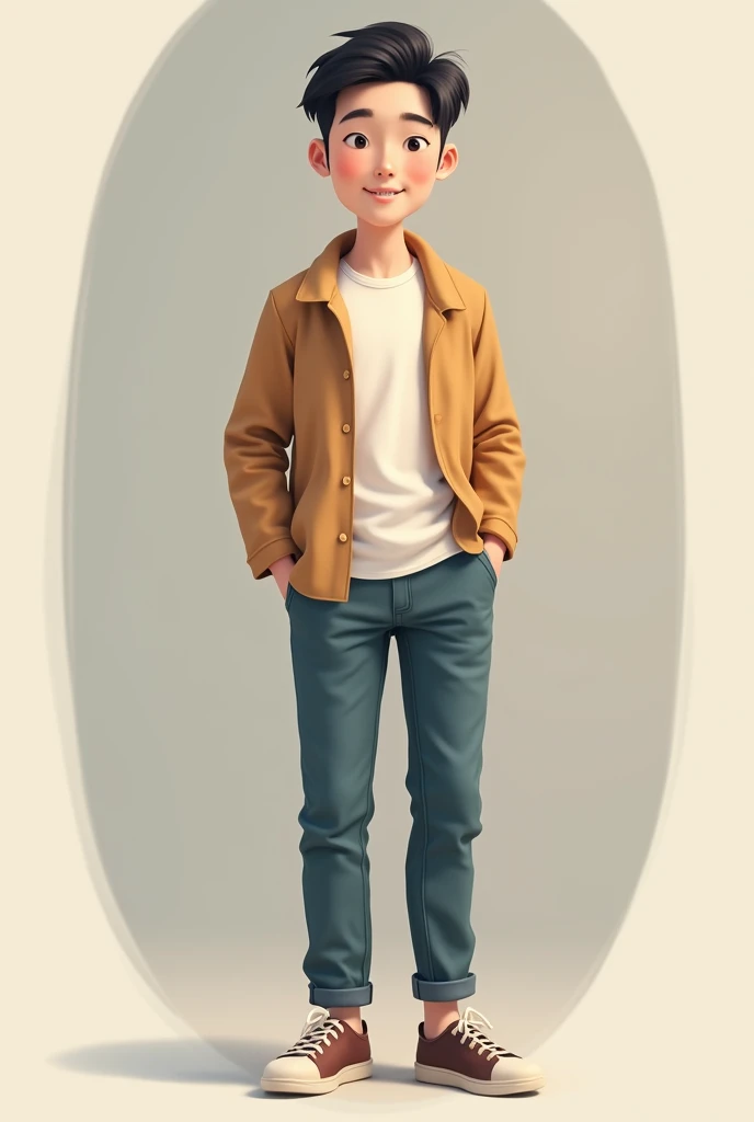 (realistic photo) boy in light grey coat, White shirt, brown chompa, blue pants and shoes (elegant)