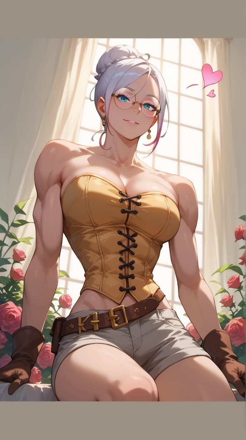 A young, light-skinned female anime character, centered in the image, is depicted in a stylized illustration.  She has a high, neatly tied bun of white hair.  She is wearing large round-rimmed glasses, with a reddish-brown frame.  Her expression is confident and slightly suggestive. She has well-defined, muscular arms and a full-figured build. She wears a light-beige/tan corset-style top, and a pair of light-blue/grey shorts that are cropped at the knees. Her clothing is suggestive.  Grey, long-sleeved gloves extend beyond her elbows. The lighting is bright; the background is simple and plain white, with small floating hearts in pale pink/rose around her head and shoulders. Artistic soft shading emphasizes her body and highlights facial features. The perspective is from a slightly elevated angle. The style is anime-inspired with a detailed depiction of anatomy. The overall aesthetic is seductive and attractive.