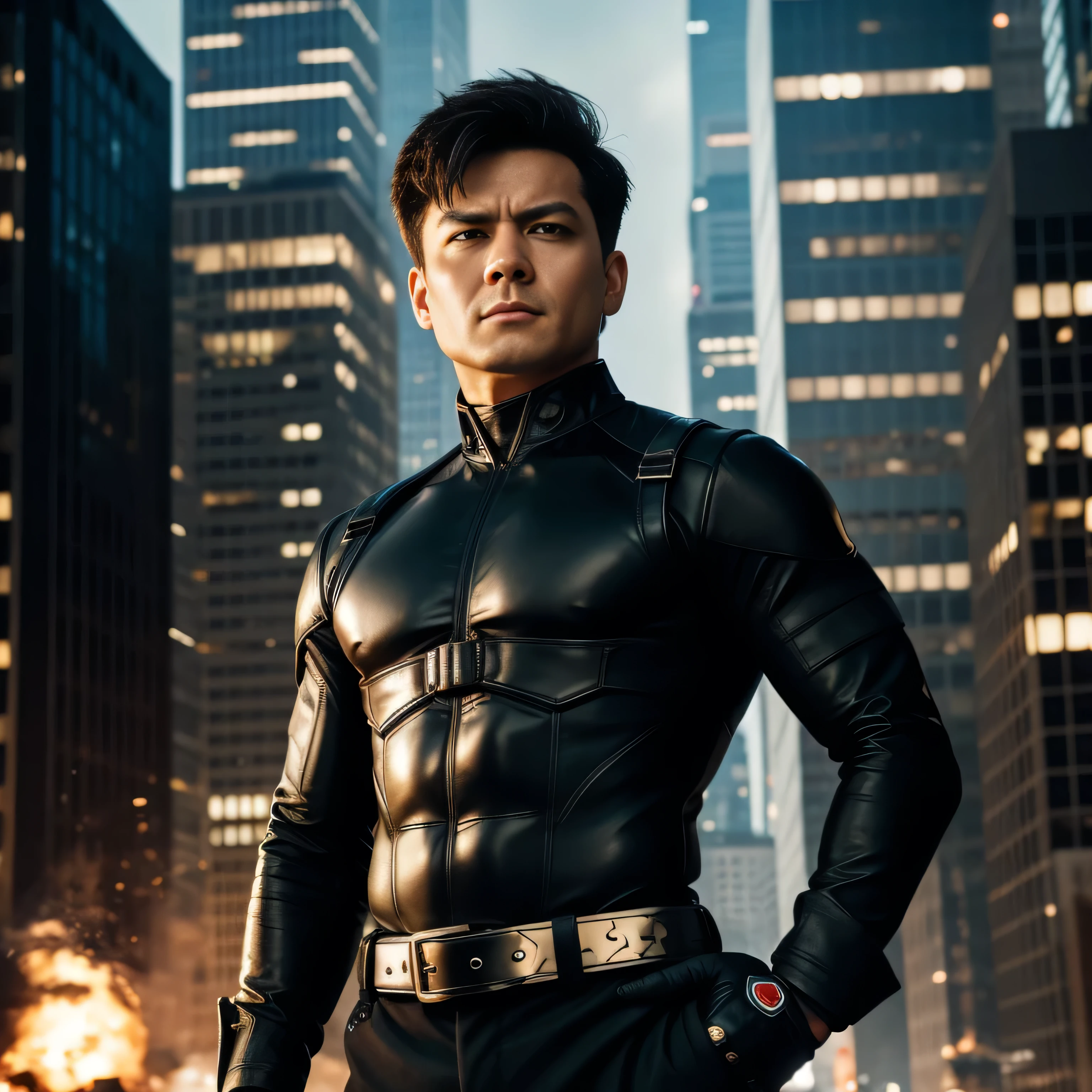 Medium build male with short black hair wearing black Futuristic suit with a American flag background with smoke surrounded by fire