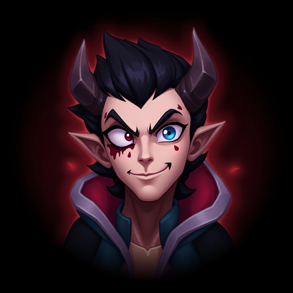 Emotelol  ,  focus on the face, Chiby devil , funny,  black hair, Serious, Radiant, captivating, trusting,  awesome , vibrant, charming, majestoso, stylish symmetrical neckline,  cartoon emote style ,  detailed, league of legends, External shine,  black background, five 