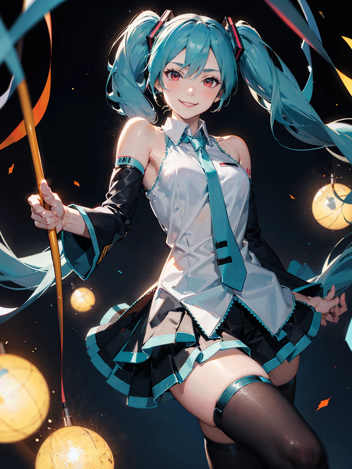 masterpiece, ( Hatsune Miku ),  white shirt,  blue tie,  bare shoulders,  Twin Tails、 separation sleeve,   wicked smile that scratches my butt, Dark Skin,  red eyes,  dark eyes, Orange pupil,Thighs,Black Thighhighs 、