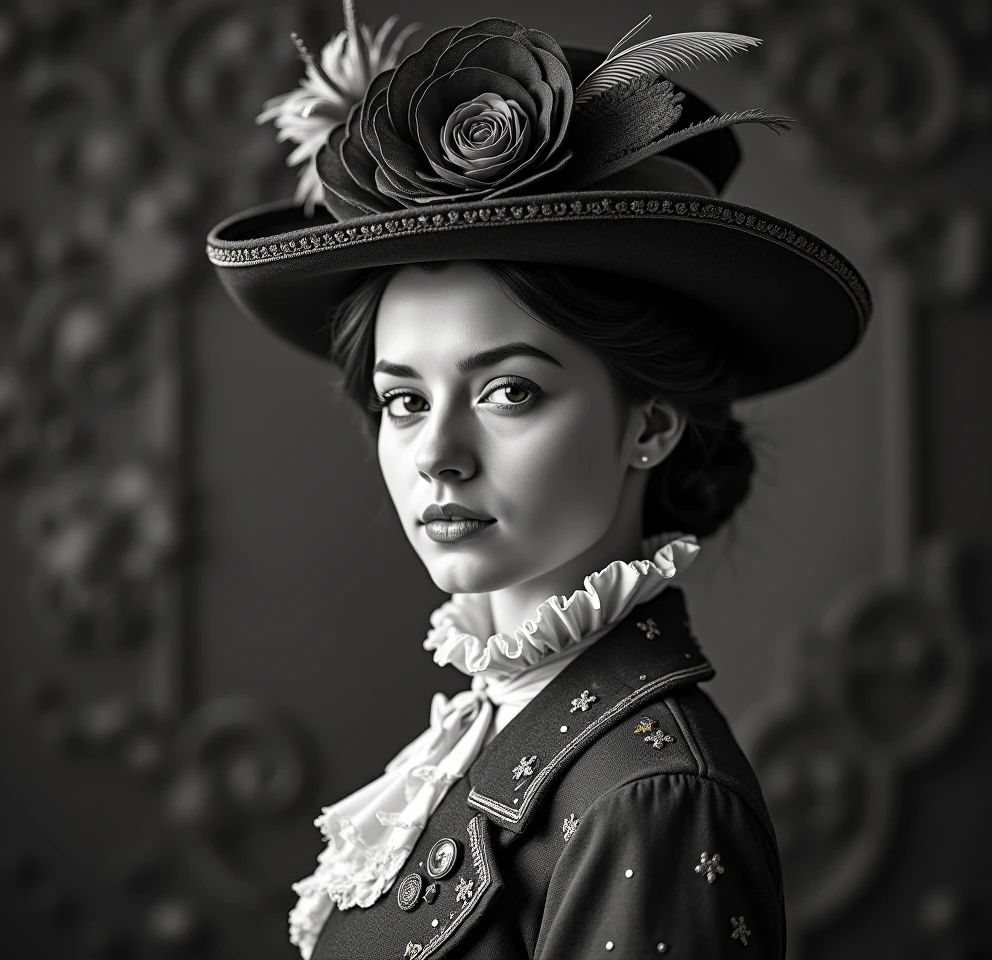 There is a woman with a hat and a dress in, linda senhora, mulher linda, sedutora mulher mesmer, Bela Stella Maeve Magician, Uma bela mulher vitoriana, retrato bonito de uma mulher, beautiful portrait, with hat, Uma bela jovem mulher, gorgeous stella maeve magician, retrato impressionante, lindo retrato, in tricorn hat, linda mulher bonita