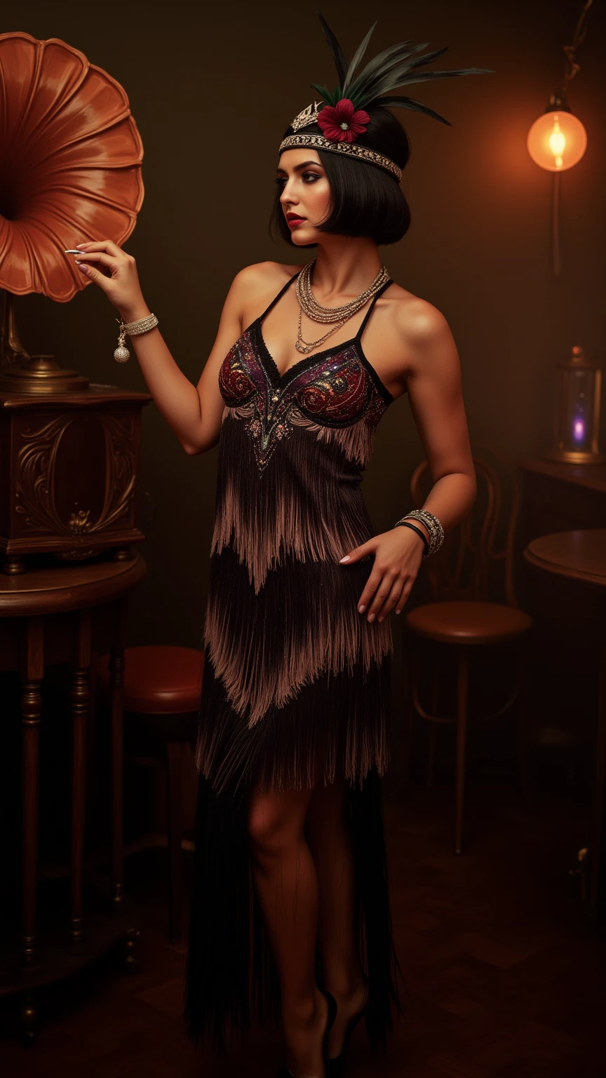 Imagine a captivating speakeasy, enveloped in a soft, smoky haze, where the air is alive with the gentle notes of jazz music. The atmosphere is enchanting, bathed in dim light that dances across the room, creating an aura of mystery and allure.

In the center of this magical scene stands a young woman embodying the spirit of the roaring twenties. She wears a modest yet elegant 1920s-inspired dress, featuring a classic drop-waist silhouette adorned with layers of shimmering fringes in deep jewel tones like emerald and sapphire. Intricate beadwork weaves swirling art deco patterns across the fabric, exuding an air of sophistication.

A sheer, delicate shawl drapes lightly over her shoulders, adding a touch of grace. Her hair is styled in a sleek bob, beautifully complemented by a bejeweled headband embellished with feathers and sparkling gems that capture the light. Her makeup is bold and dramatic, with smoky eyes and deep red lips, reflecting the rebellious yet refined essence of flapper style.

Accessorizing her look, she wears long pearl necklaces and multiple bangle bracelets, along with a classic cigarette holder that adds layers of elegance and defiance. The backdrop is rich with period-appropriate props, such as a vintage gramophone and art deco motifs, enriching the scene with historical charm.

The overall composition radiates nostalgia and opulence, perfectly capturing the essence of the 1920s fashion revolution in a dreamy, fantastical setting. The model poses dynamically, her adorable face framed by iridescent eyes, showcasing her hourglass figure and exuding both charm and confidence. The lighting is perfect, creating a boudoir-like ambiance that enhances the allure of this captivating moment.
