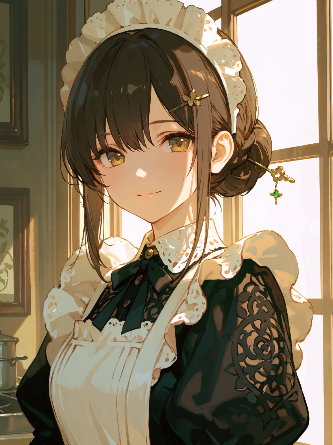  masterpiece,  Best Quality, Anatomical correction, highly detailed background , Character Focus,   dramatic lighting ,1 Girl,  Elegant Maid Outfit ,  Delicate Patterned Outfit ,Hairpin, front, Kitchen Area ,  bright smile , Soft light in the window , Light shadow