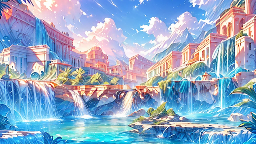 A Masterpiece In 32K Resolution, (beautiful image:1.5), CG, (waterfall:1.5), (mediterranean style:1.4),(white_building:1.3),blue sky, white cloud, sun light, Ultra detailed details, HQ, 16k,extremely detailed CG, plant, A city blessed with water, Beautiful Landscape,