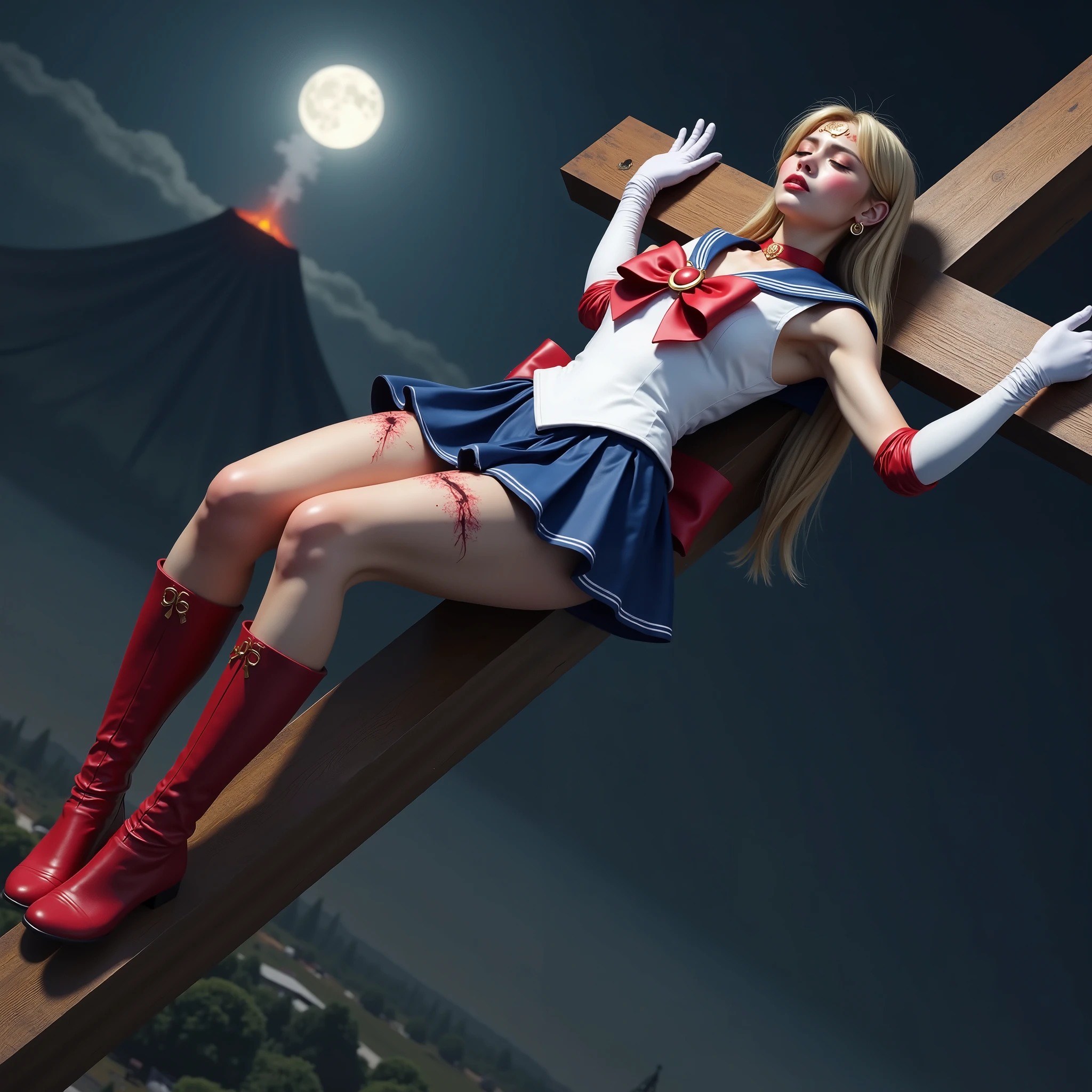 Hyperrealism, masterpiece, highest quality, A young Japanese woman is kneeling crucifixion on the cross in the dirt, dirty body, eyes close, wound, injury, crying in severe pain, painful face, Wearing a Sailor Moon costume, Being restrained and crucifixion on the cross, Blue sailor collar, Blue mini pleated skirt, Long white gloves, shiny beige color pantyhose, red high boots, Exposed thighs, Red long boots, big choker, long blonde Hair, semen on her thighs, Bright full moon, moonlight, volcano background,