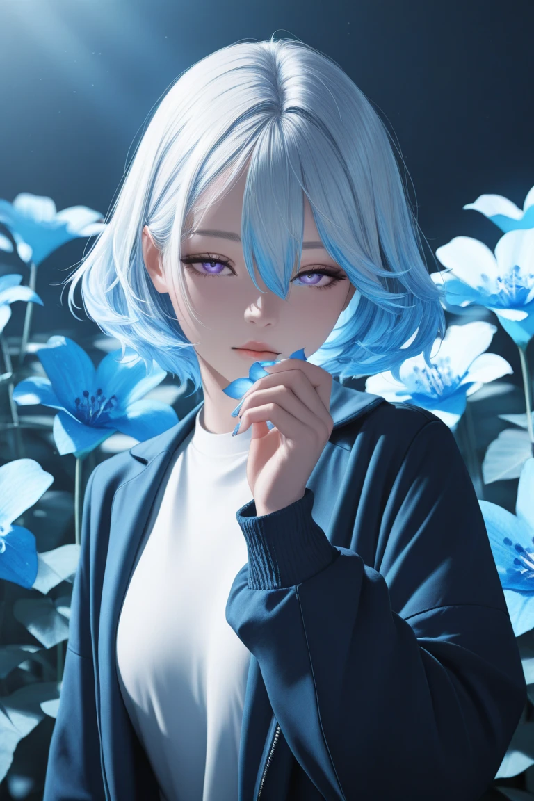 masterpiece, best quality, good quality, very aesthetic, absurdres, newest, (detailed lighting, rendered, perfect hair, detailed face and body) 1girl, looking at viewer, holding a big blue flower, blue hair, jacket, white shirt with sleeves,nail polish, purple eyes, blue eyes, eyelashes, long sleeves, white hair, hand up, hair between eyes, half-closed eyes, blue theme, cinematic composition, ultra-detailed, high-quality, photorealistic, extremely detailed CG unity, masterpiece, high quality, best quality, absurdres, 8k resolution