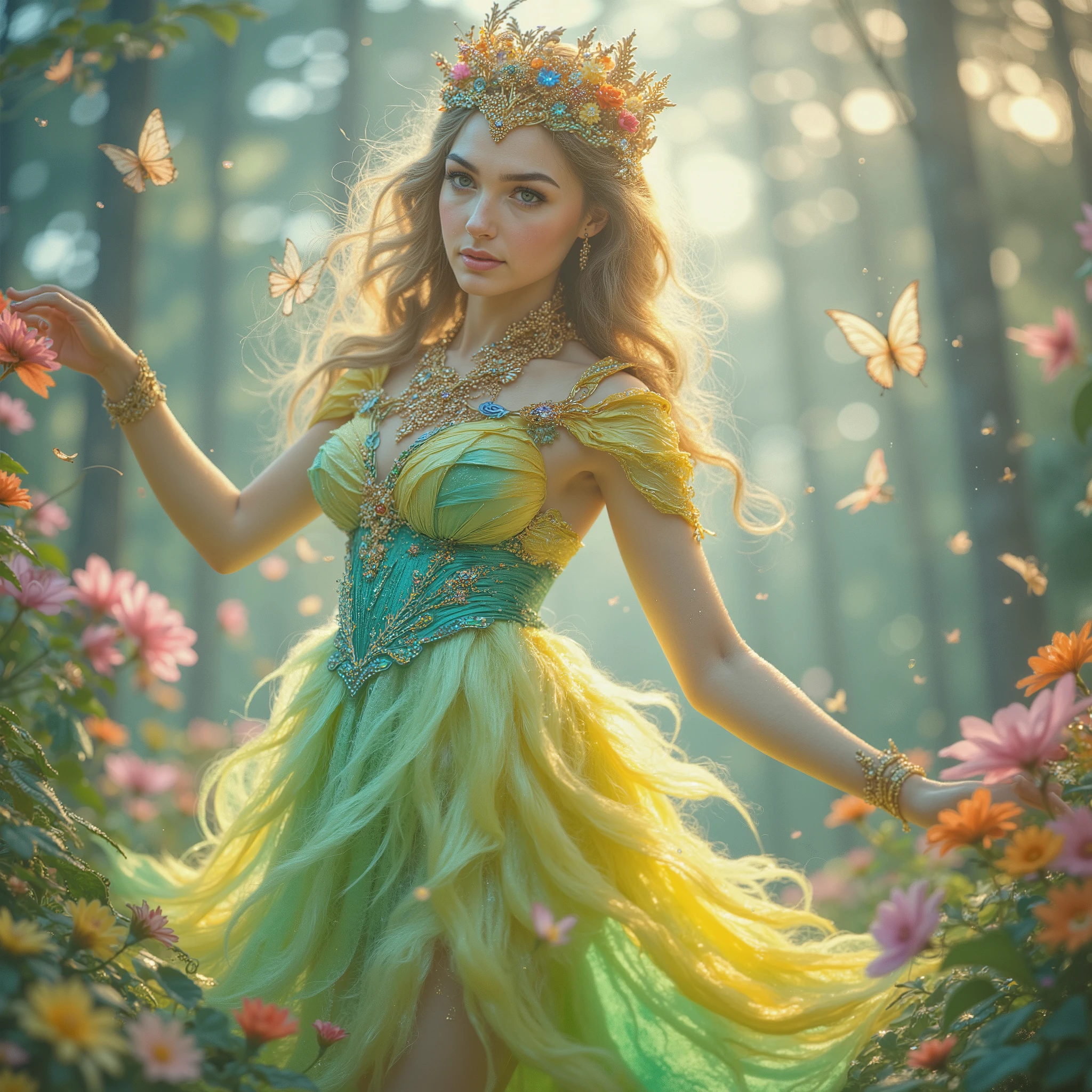 (Canon), (EOS R5), (50mm), (No lens flare :1.5), (超 High Resolution :1.5), (masterpiece), Accurate, (( Photorealistic:1.9)), ((解剖学的にAccurate人体:1.4)), ( realisticな質感の肌), more details, high detail, High Resolution , Award-winning works,32K, depth of field, digital camera, Award-winning glamour photo , professional lighting, (( Vivid, bright, beautiful, and delicate professional art photo :1.5)), ((Vivid and bright professional art photo )), (( best quality :1.5)), ((masterpiece:1.5)), (( realistic)), ( beautiful, vivid, and bright atmosphere ), ( very beautiful and cute 1 French woman ), (((Full body shot from the top of the head to the feet :1.5))), (( A depiction that makes you feel the movement of dancing while spinning lightly and happily)), ((Long golden hair and clothes dancing big in the wind )), (( fairy princess in a fantasy world )), (( beautiful and beautiful, A -yeld wh French girl. )), (( A very cute, ish look. )), ( beautiful and fluffy blonde long hair ), ((ルビーとダイヤが散りばめられた豪華な金のティアラと LOTS OF COLORSとりどりの花で飾られた花の冠をかぶっている:1.5)), ((Extremely detailed and realistic skin :1.5)), (You can see an enchanting large cleavage of the bust ), (( realistic skin)), ((Quite large bust, F Cup)), (( Extremely Detailed and Realistic Brown Sparkling Eyes :1.5)), (( beautiful catchlight on the eyes:1.4)), (( extremely sexy and beautiful clear blue eyes :1.5)), (( Extremely detailed, long, beautiful eyelashes :1.5)), ((Extremely detailed and beautiful eyebrows :1.5)), (( Extremely detailed and charming moisturized lips :1.5)), (( White realistic teeth arranged beautifully )), ( cute woman wearing a very bright pale green and very bright yellow sparkling fairy style dress ), (( A fairy style dress with very bright pastel butterfly wings :1.5)), LOTS OF COLORS々 deep covering a crown of flowers , Long brown hair and clothes fluttering big in the wind , looking at me with a gentle and cute expression , (A cute smile that shows some teeth:1.5), Skin feels soft , Natural makeup with gentle hues , Clear and fresh atmosphere , The delicately embroidered v-neck dress has a bright pale green and bright yellow gradation and is beautiful as if receiving light , The hem of the dress has a soft, wavy form and creates a light atmosphere , 背景はぼかしがあるアートな雰囲気の LOTS OF COLORSとりどりの花が一面に咲いている鮮やかでとても美しい風景でとても柔らかな光が降り注いでいる, A dreamy image characterized by extremely vivid colors and delicate depictions , wearing a pale green and yellow fairy style dress Women , Beautiful footage from the movie , (( Lots of sparkling light blue, pink, and yellow pastel-colored butterflies are flying all around )), ( Beautiful Depiction That Makes You Feel the Movement Joyfully Dancing While Spinning in the Wind ), ( Her hands are not shown as much as possible. ), Accurate手の形,Accurate指の形,Accurate指の数,5 fingers on one hand