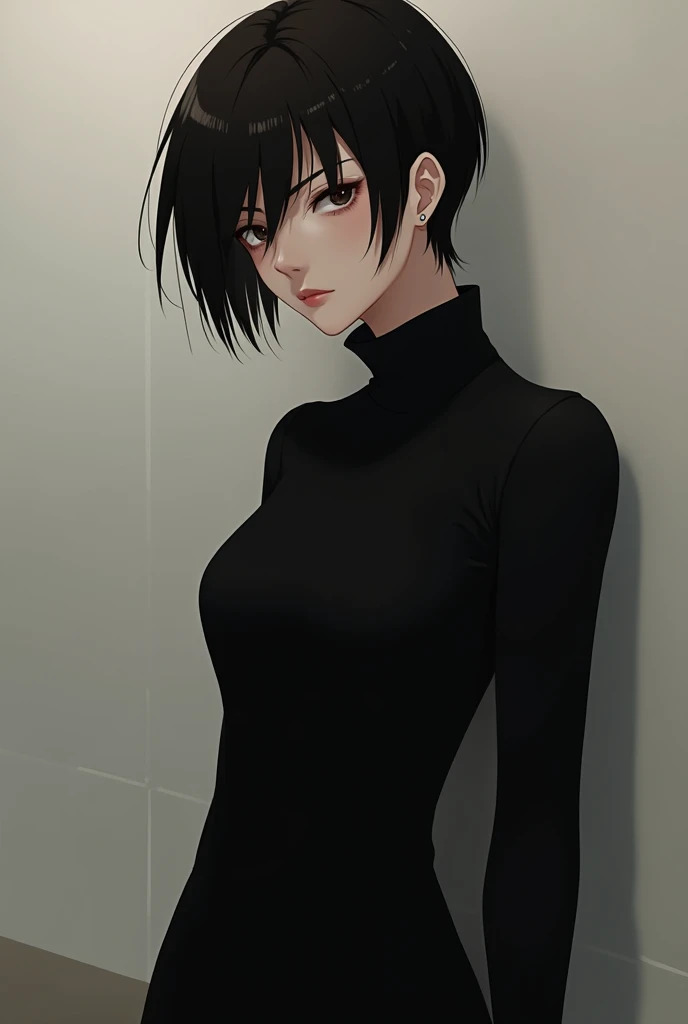 (Obra maestra:2.2, mejor calidad:4.0, Hermoso, alta calidad, high resolution:4.1, aesthetic), detallado, extremely detallado, soft ambient lighting, 4k, ojos perfectos, cara perfecta, perfect lighting, 1 chica, golpes, black Vestido, pelo negro, senos, Ombligo cubierto, Vestido, fubuki \(Hombre de un solo golpe\), Abrigo, ojos verdes, joyas, large senos, labios, Mirando al espectador, collar, pearl collar, cabello corto, fondo, Solo, sweater, muslos, sweater tipo con cuello de tortuga, sweater tipo con cuello de tortuga Vestido. Fubuki One Punch Man con un vestido negro y una faja en los ojos