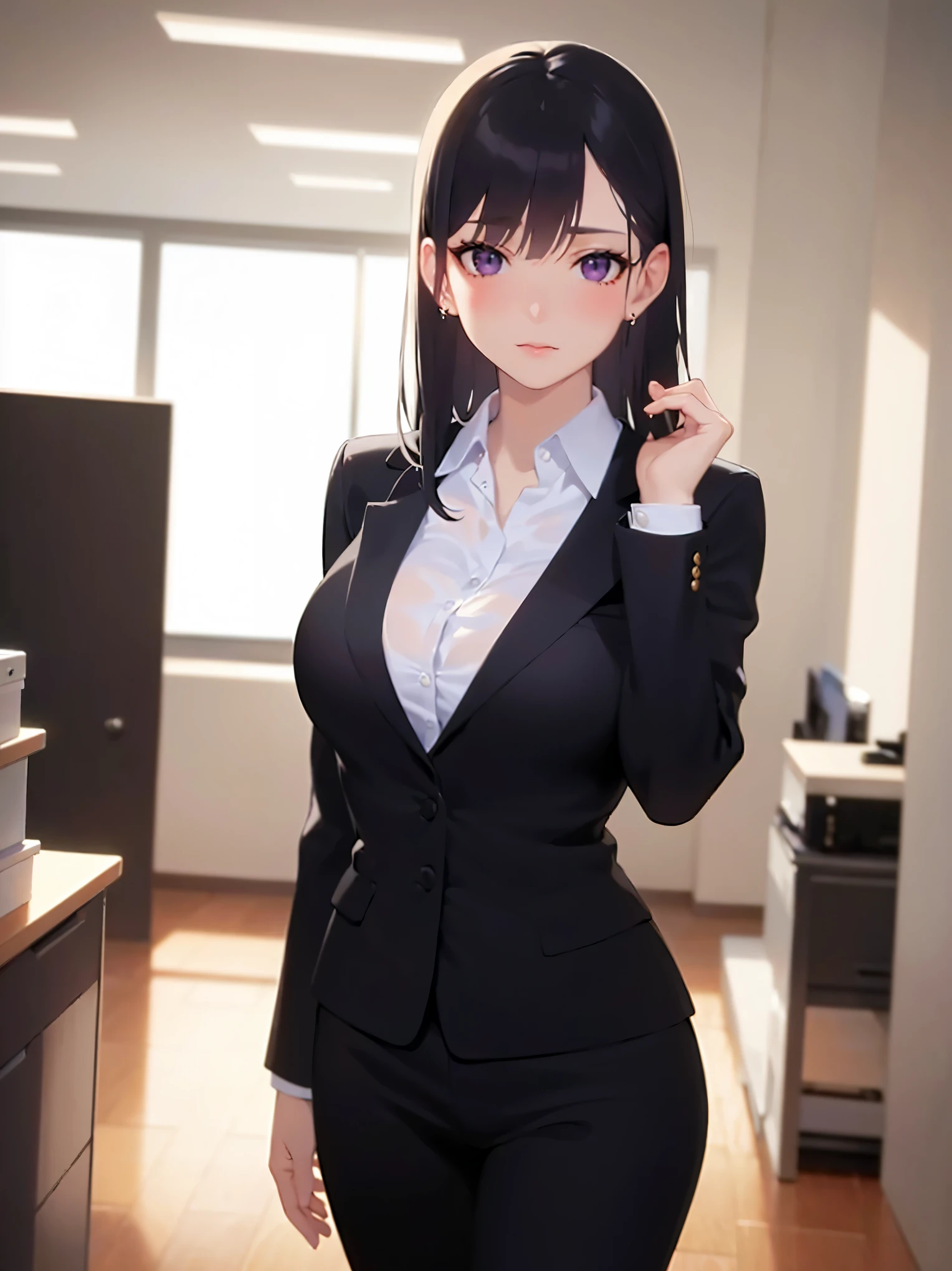 Beautuful Women、34 years old、officeworker、businessman、s Office、put hands on the hip、skirt by the、Manteau