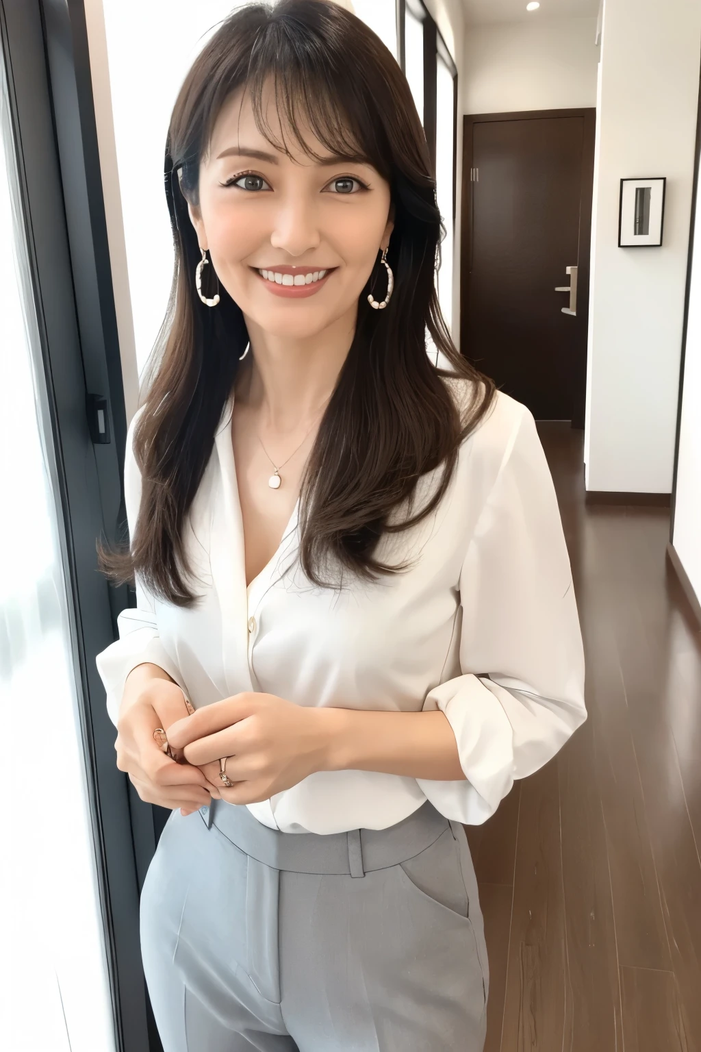 (Tabletop, highest quality, High resolution, , Perfect Pixel, 4K,), 1 girl, single, alone, Beautiful woman、I could see the whole body、 ((Wavy mid-length hair, bangs, Brown Hair)), ((Brown eyes, Beautiful eyelashes, Realistic eyes)), ((Detailed face, blush:1.2)), ((Smooth texture:0.75, Realistic texture:0.65, Realistic:1.1, Anime CG Style)), Medium Chest, Dynamic Angle, Perfect body, ((, female teacher, , Earrings、necklace、A thin, sheer white lace bra、Thin, sheer white lace thong、Black knee-high stockings、、A shy smile、sit at a desk in the classroom、Touch your buttocks with both hands)), Staring at someone、Leaning forward、、evening、、(、、、Angle from below)、