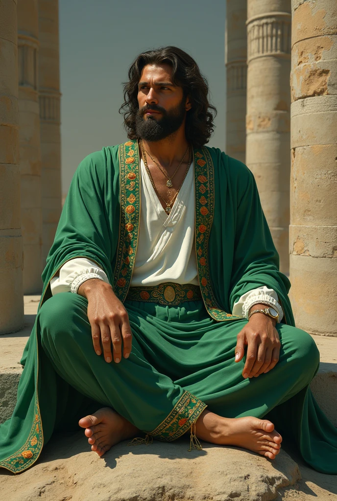 35 year old man with strong and tanned Italian style, bearded and with chest hair, wearing a white and light yellow tunic and beige wide pants with medieval style spices. In a Moroccan style castle