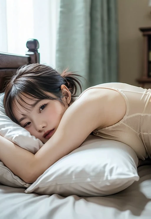 (torn tank top: 1.5), (torn skirt: 1.5), (sleeping in bed: 2.0), (lying in bed: 1.5), (black eyes: 1.3), ((evening light)), (close your eyes), (between legs: 1.7), (focus on face: 1.2), clavicle, belly button, Natural light, very detailed, 18-year-old, Raw photo, Advanced level of detail, (ray tracing), (masterpiece), (highest quality), High resolution, (realistic: 1.4), Physics-based representation, ultra-realistic, full body