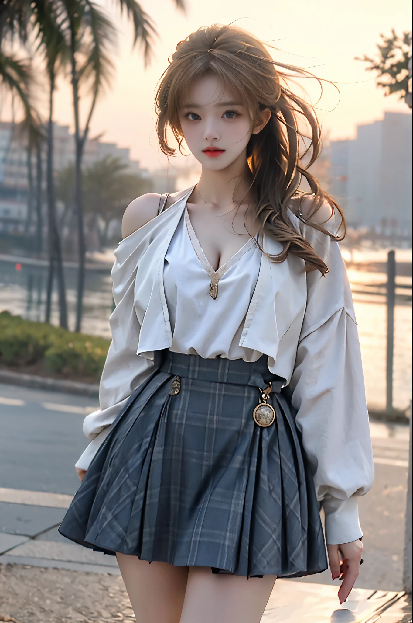 mcostume ((Portrait-oriented, focusing on the subject's body above the calves)), (from below:1.2), (Full chest, deep V-neck, visible cleavage), (I-type Valley), (Very short hemline, revealing smooth thighs), Realistic beautiful woman, sexy long-legged model, standing gracefully with elegance. while one hand elegantly lifts the hem of her skirt up to her thigh. soft natural makeup, and her hair flows beautifully in the gentle breeze. Photorealistic lighting and shadows, high detail, 4K resolution.