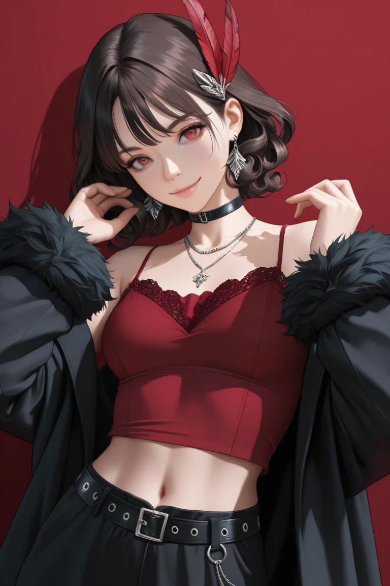 masterpiece, best quality, very awa, good quality, very aesthetic, absurdres, newest, 1girl, solo, smile, short hair, brown hair, black hair, long sleeves, hair ornament, red eyes, navel, closed mouth, jewelry, jacket, earrings, frills, open clothes, choker, belt, midriff, off shoulder, necklace, black jacket, hands up, fur trim, head tilt, feathers, red shirt, lace trim, black belt, black coat, camisole, curly hair, feather hair ornament, red feathers, looking at viewer, realistic, 