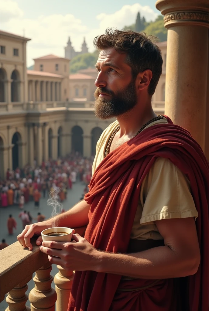 a portrait of Pilate in his youth, dressed in Roman clothes, looking at a map of Judea. the environment is a command room, with soft light and earthy tones.