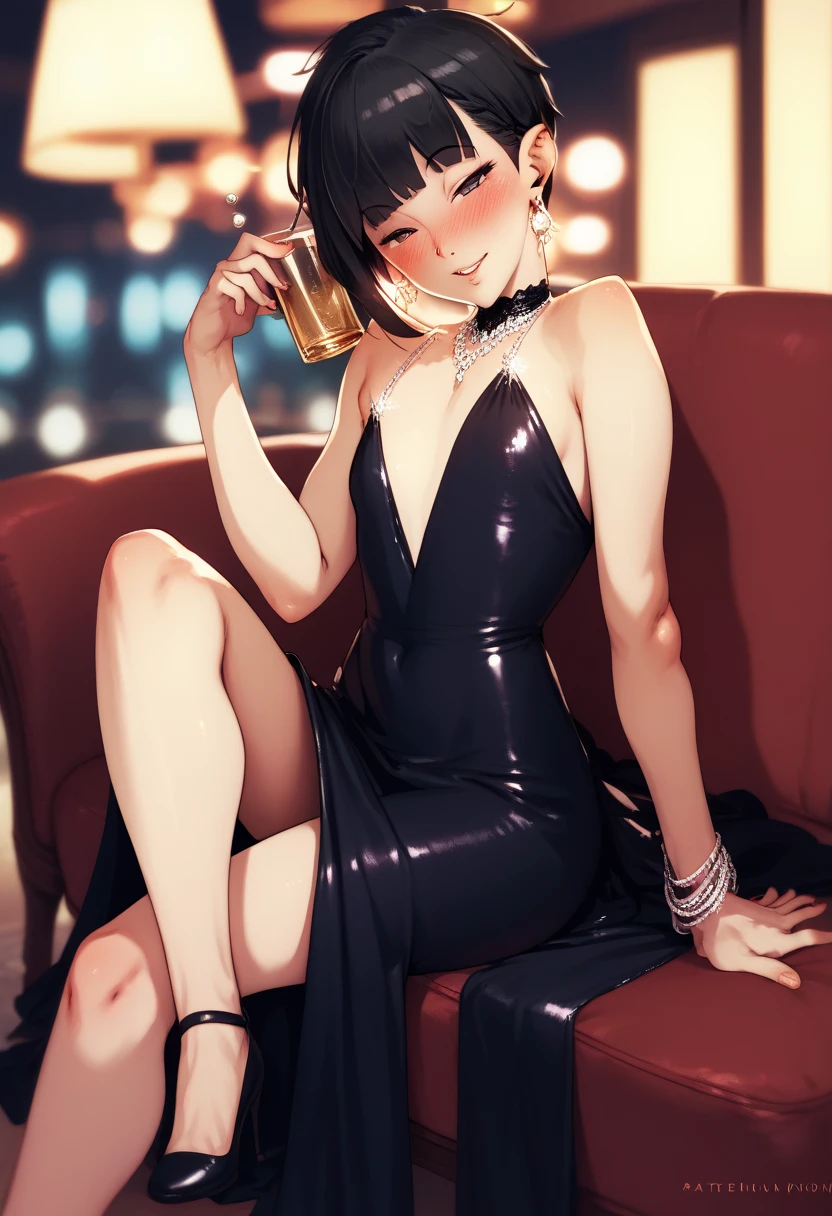  Young ***ite,  short hair, fringe,  black hair ,  evening dress,  very drunk, seductive, sitting,  spreading her legs