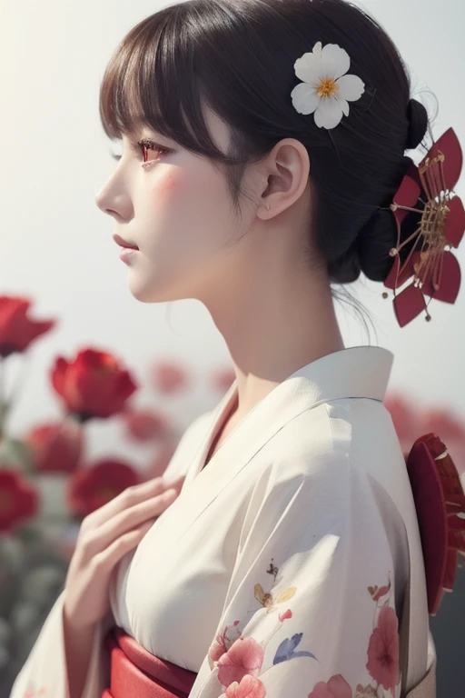 (Masterpiece:1.2,  best quality ), (( 1 girl)), ((Alone)), ( red eyes:1.4), ( beautiful clear background: 1.2), (  very detailedCG ,  very detailed, Best Shadow: 1.1), (( depth of field)), ((watercolor)), ( kimono: 1.3) , Bare shoulders, Flowers and petals,  Beautiful Concept Art , (  white background : 0.5), ( illustration: 1.1), ( very delicate : 1.1), (  Perfect Details: 1.1),  profile,  