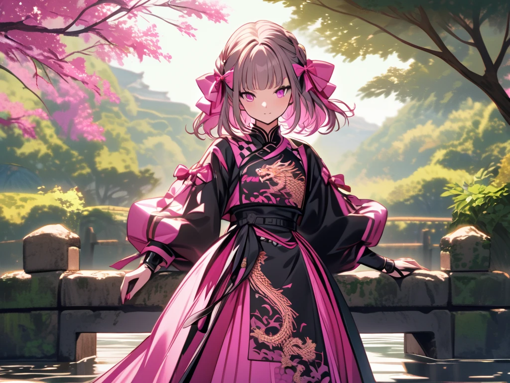 A young woman in a stylish and intricate cosplay outfit, featuring black and pink colors with dragon embroidery. She holds a traditional folding fan and stands elegantly on a stone bridge, surrounded by lush greenery. Her hair is styled with ribbon bows, and she has a confident and poised expression."